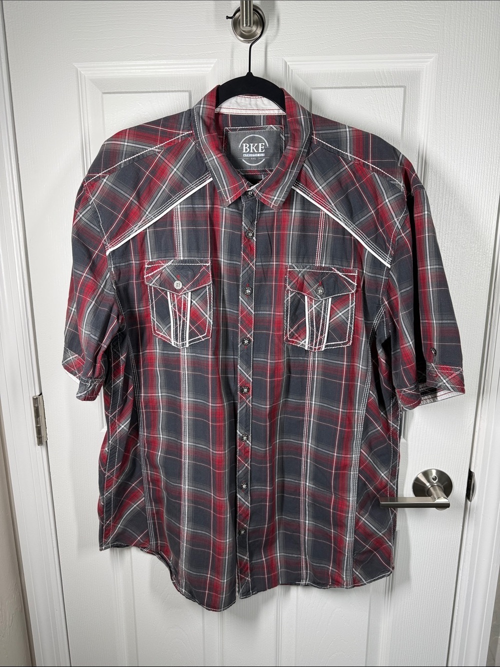 BKE Buckle athletic fit red and gray plaid western snap casual shirt size XXL